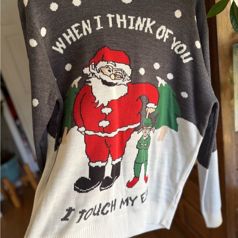 Think! Gray Christmas Sweater with Santa Design